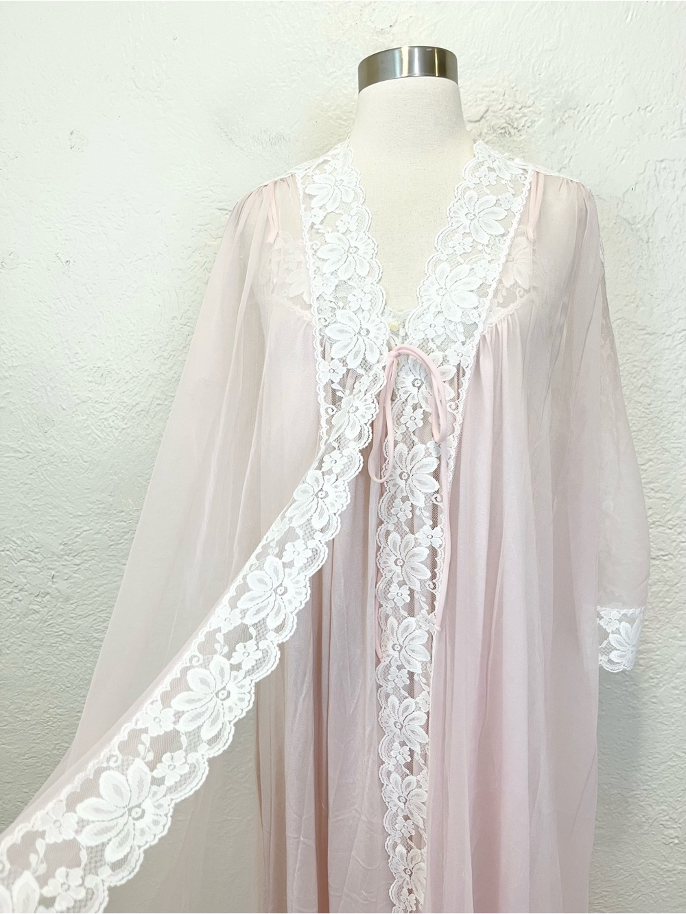 Val Mode Vintage Peignoir Set Nightgown Robe Light Pink White Lace Trim Small S - Picture 15 of 15